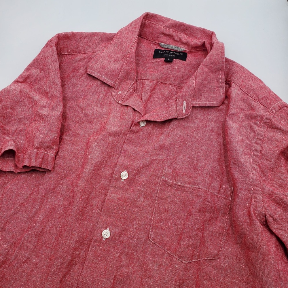 Banana Republic Mens Linen Slim Fit Short Sleeve Button Down Shirt Red Large